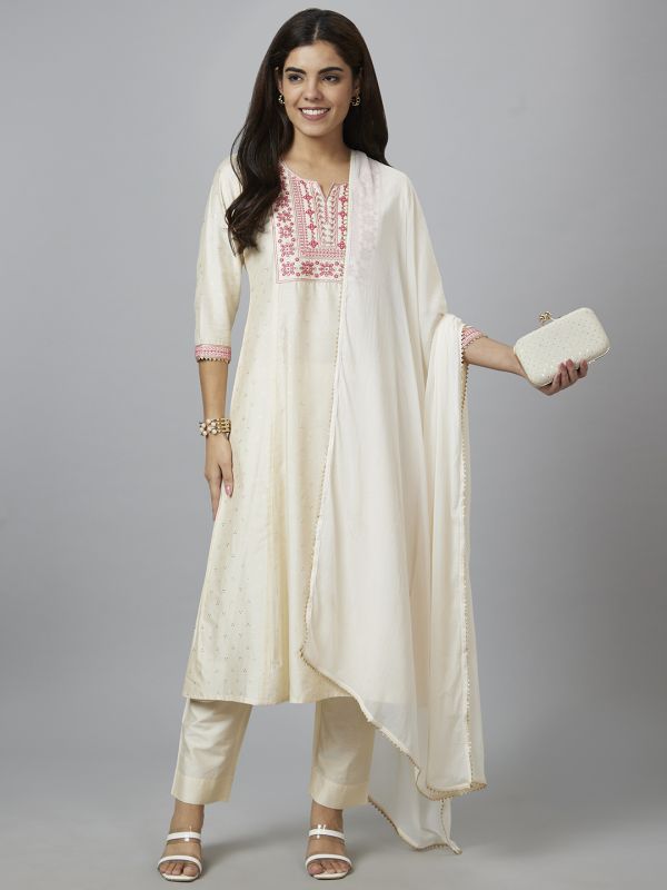 Globus Women Off White Embroidered A-Line Kurta Set with Trouser and Dupatta