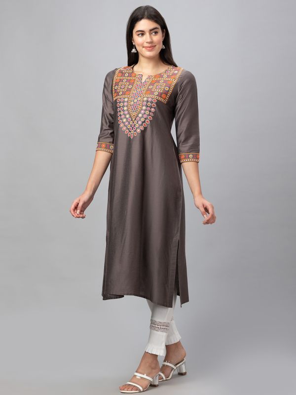 Globus Women Taupe Embroidered Round Neck With 3/4 Sleeves A Line Kurta