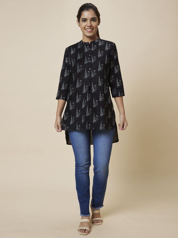 Globus Women Black Mandarin Collar Printed Tunic