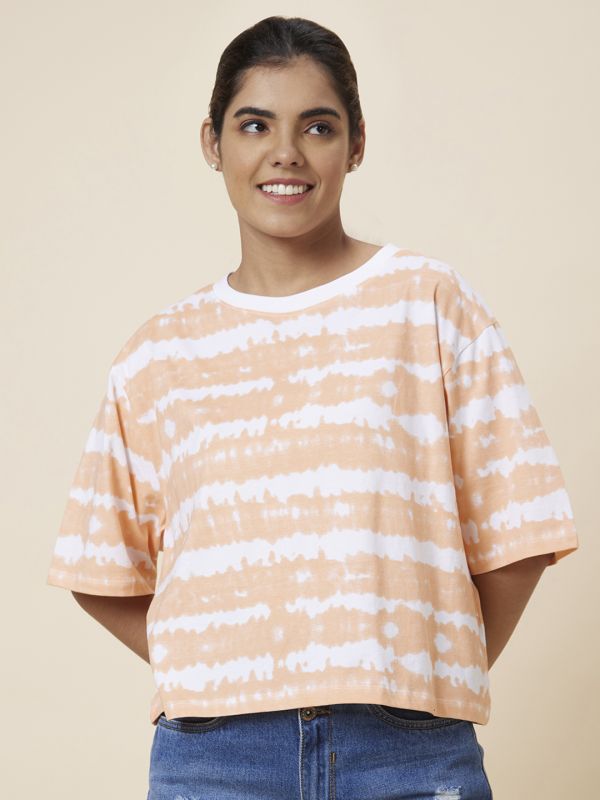Globus Women Orange Boxy Fit Tie and Dye Cotton T-Shirt