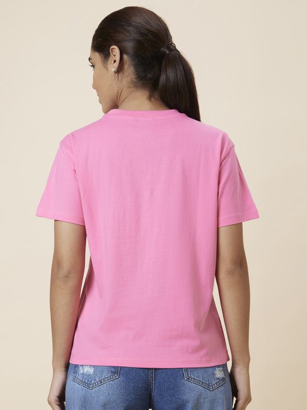 Globus Women Pink Boxy Fit Self Design Cotton T-Shirt