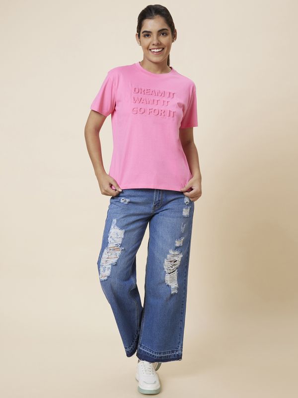 Globus Women Pink Boxy Fit Self Design Cotton T-Shirt