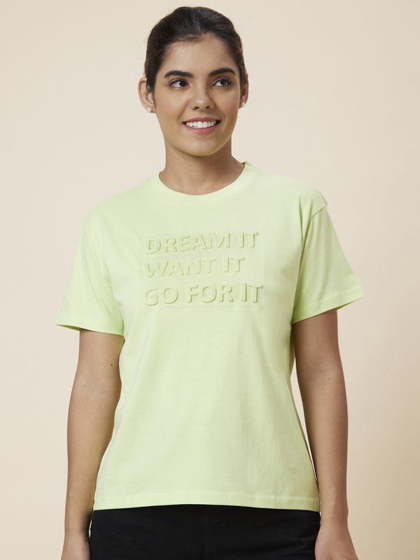Globus Women Lime Green Boxy Fit Self Design Cotton T-Shirt