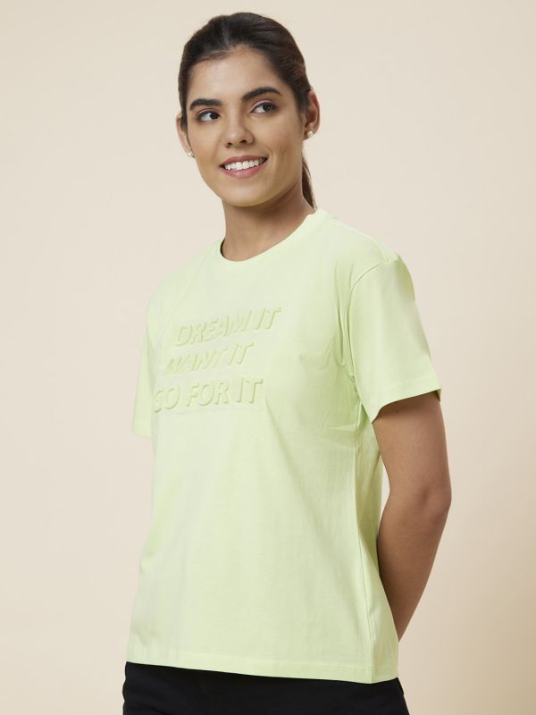 Globus Women Lime Green Boxy Fit Self Design Cotton T-Shirt