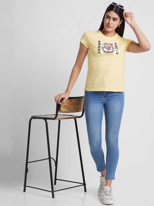 Globus Women Yellow Printed Cotton Regular Fit Casual T-shirt