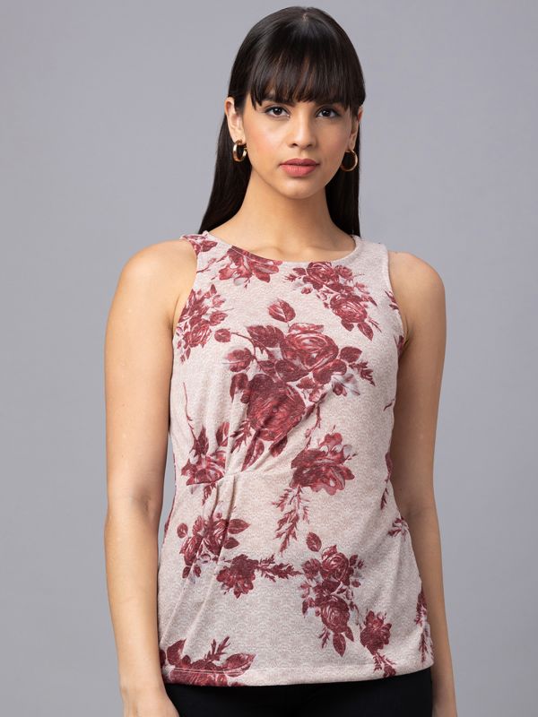 Globus Women Pink Printed Round Neck Sleeveless Top