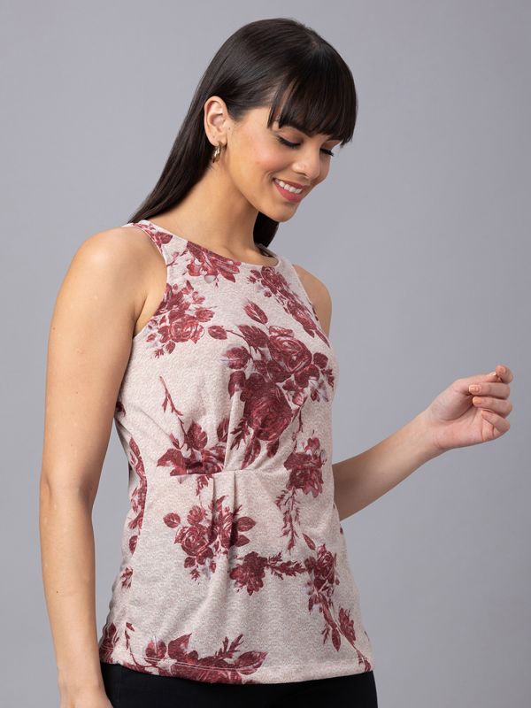 Globus Women Pink Printed Round Neck Sleeveless Top