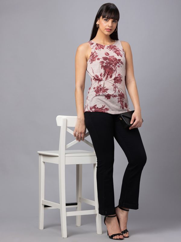 Globus Women Pink Printed Round Neck Sleeveless Top