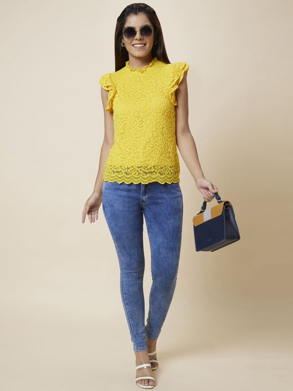 Globus Women Yellow Self Design Ruffle Neck Lace Top