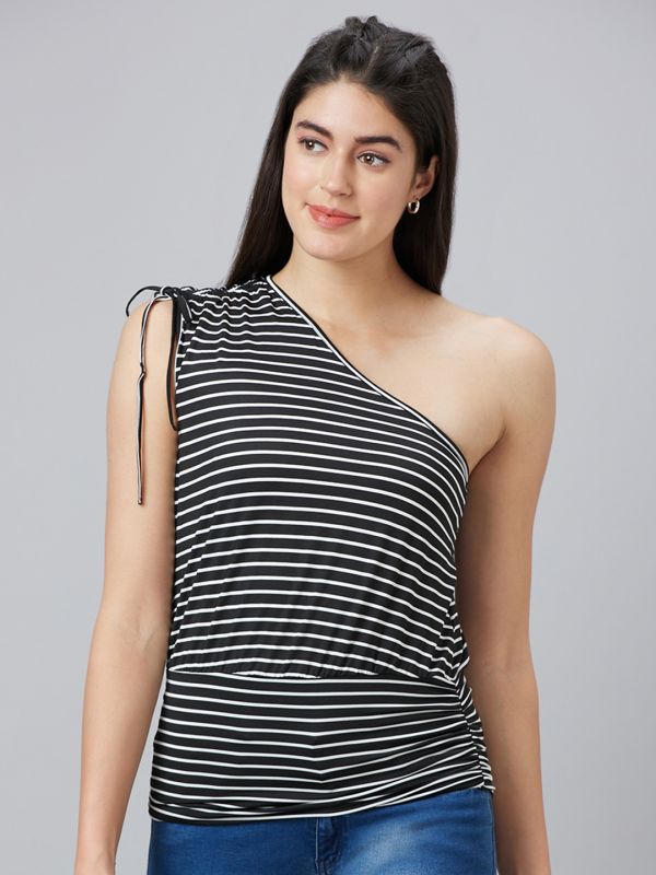 Globus Women Black Striped One Shoulder Top