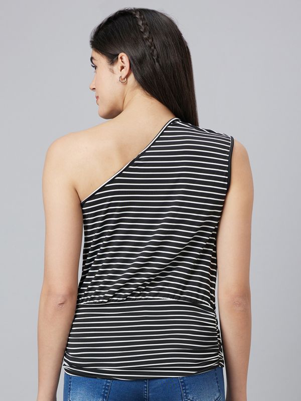 Globus Women Black Striped One Shoulder Top