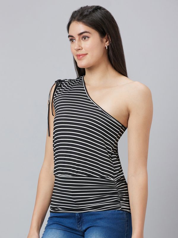 Globus Women Black Striped One Shoulder Top