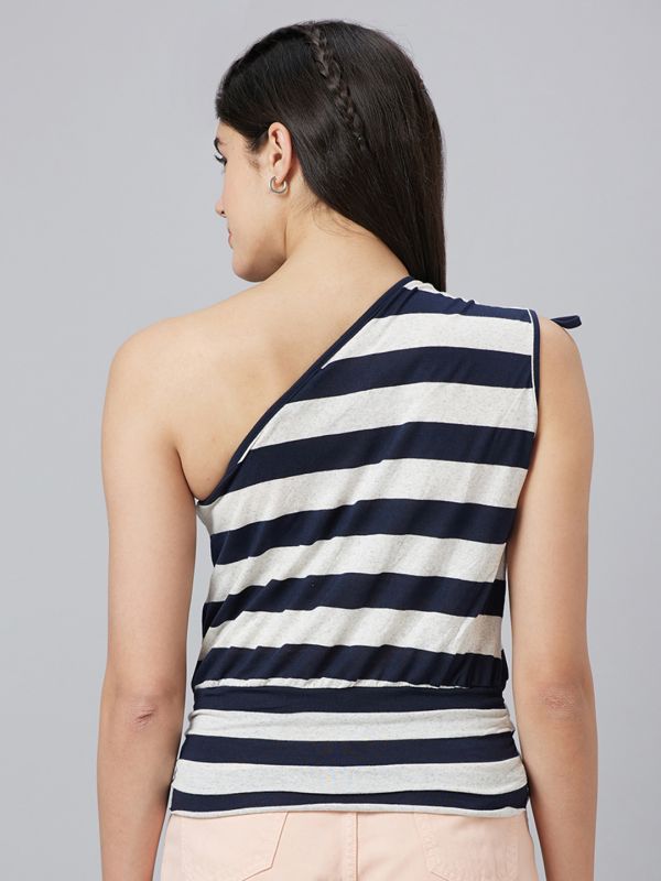 Globus Women Black Striped One Shoulder Sleeveless Top