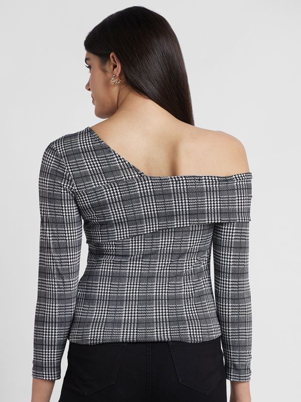 Globus Women Black Checked One Shoulder Bardot Top