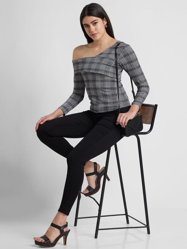 Globus Women Black Checked One Shoulder Bardot Top