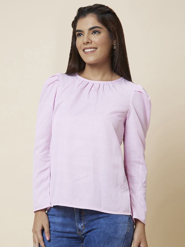 Globus Women Pink Striped Round Neck Top