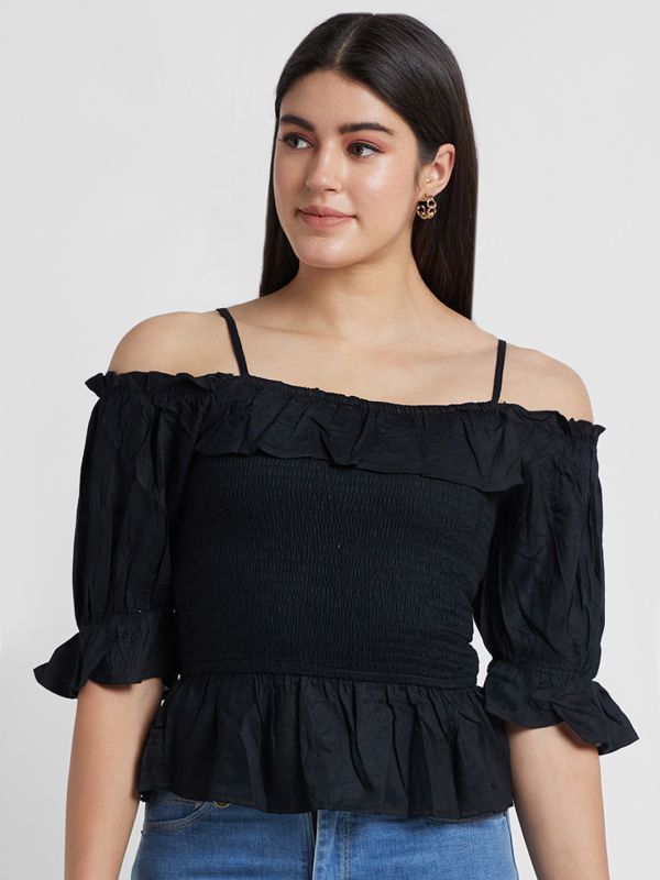 Globus Women Black Solid Off-Shoulder Bardot Top