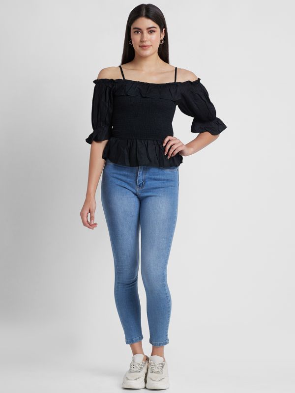 Globus Women Black Solid Off-Shoulder Bardot Top