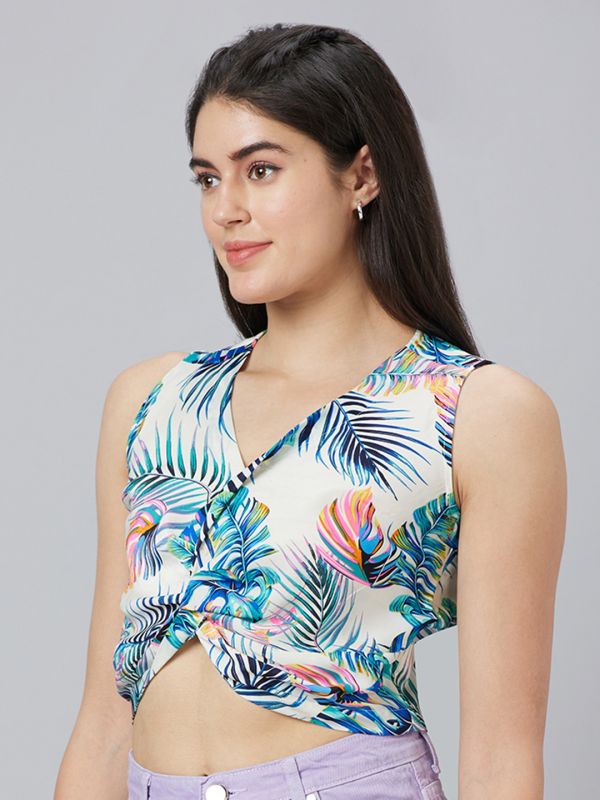 Globus Women Off White Printed V-Neck Sleeveless Crop Top