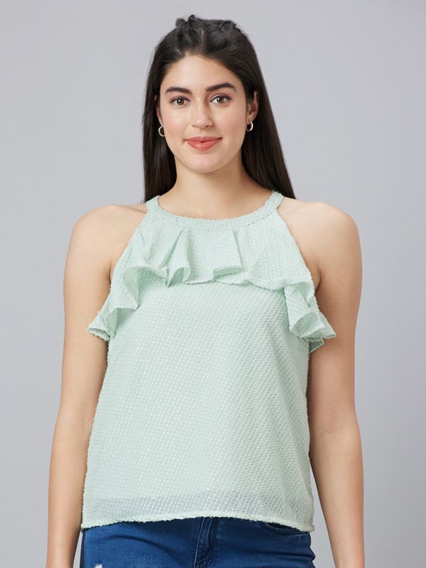 Globus Women Mint Green Self Design Halter Neck Sleeveless Top