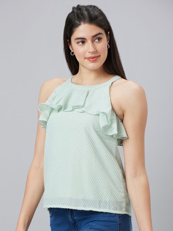 Globus Women Mint Green Self Design Halter Neck Sleeveless Top