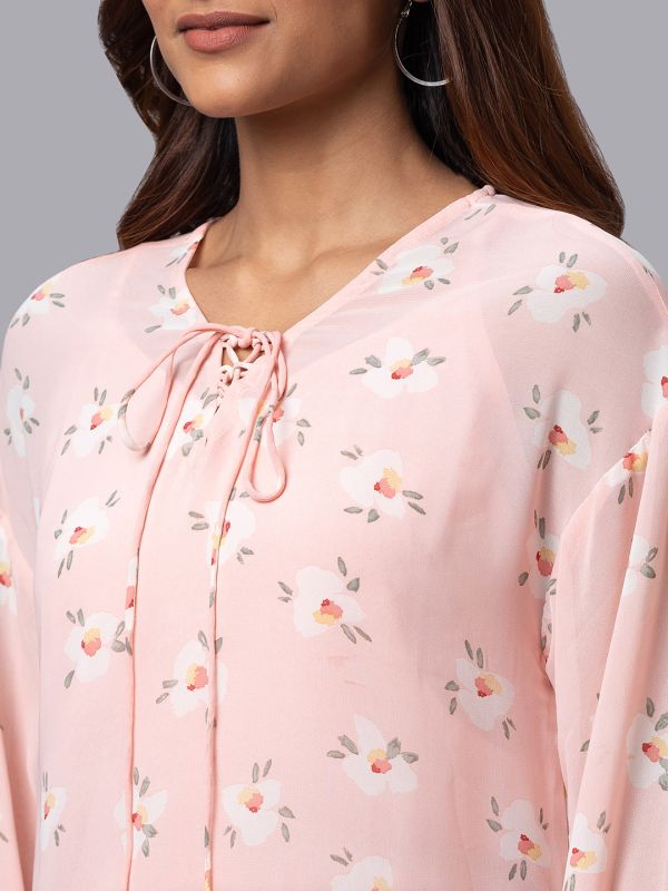 Globus Women Pink Printed Tie-Up Neck Top