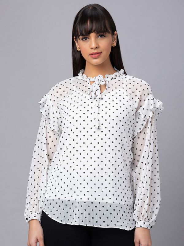 Globus Women White Printed Tie-Up Neck Top