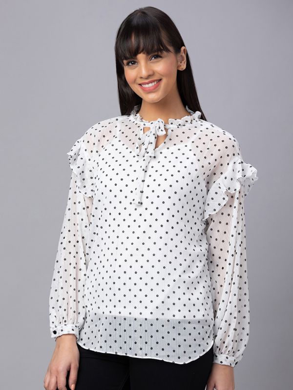 Globus Women White Printed Tie-Up Neck Top