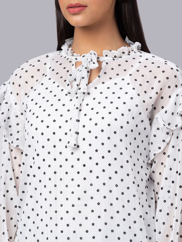 Globus Women White Printed Tie-Up Neck Top