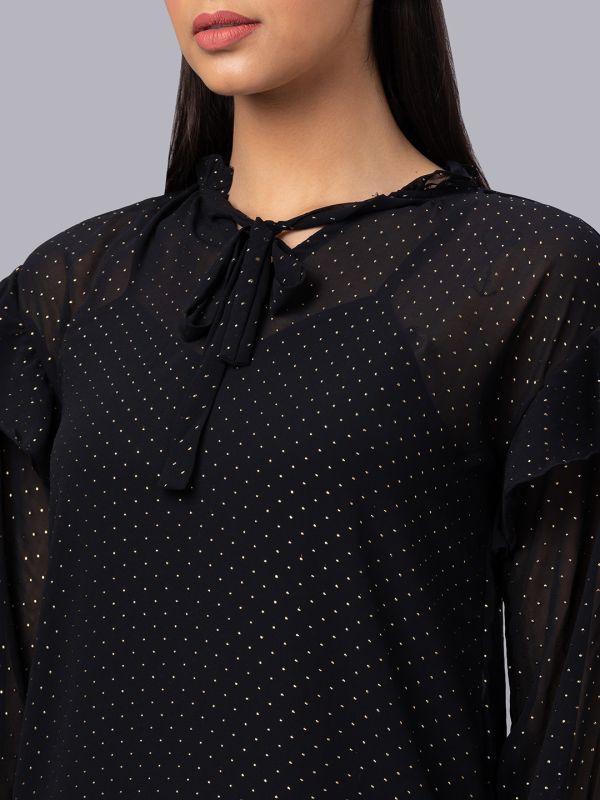 Globus Women Black Printed Tie-Up Neck Top