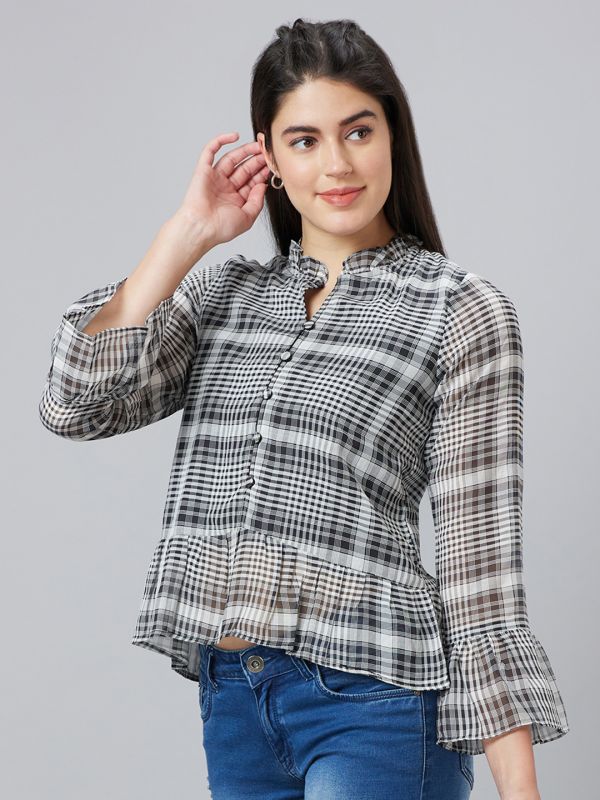 Globus Women Black Checked Mandarin Collar Peplum Top