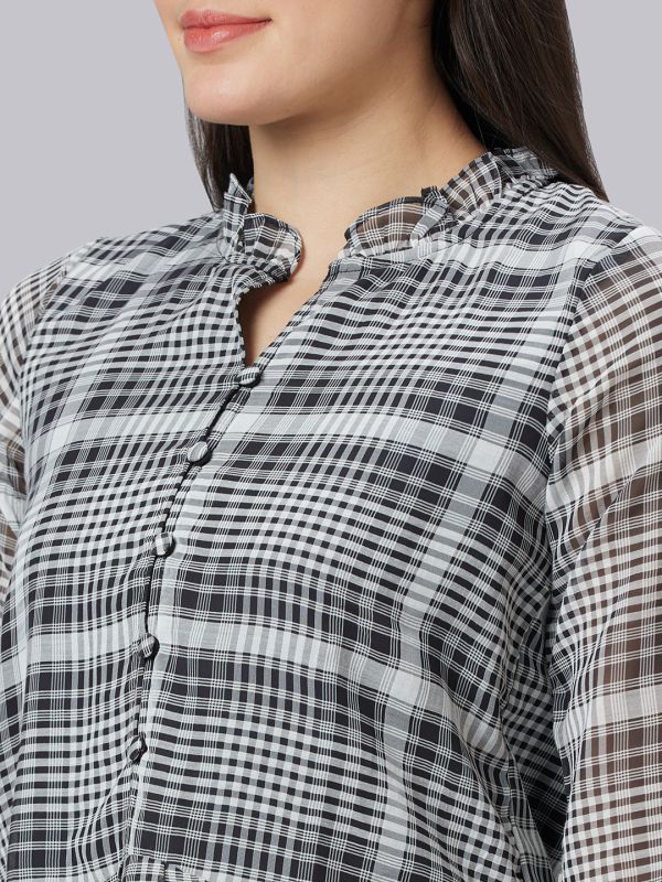 Globus Women Black Checked Mandarin Collar Peplum Top