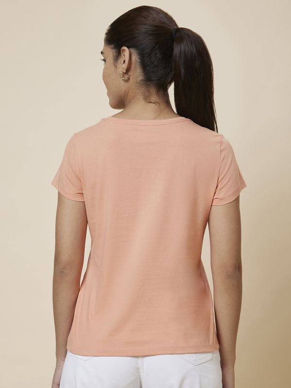 Globus Women Peach Printed Cotton T-Shirt