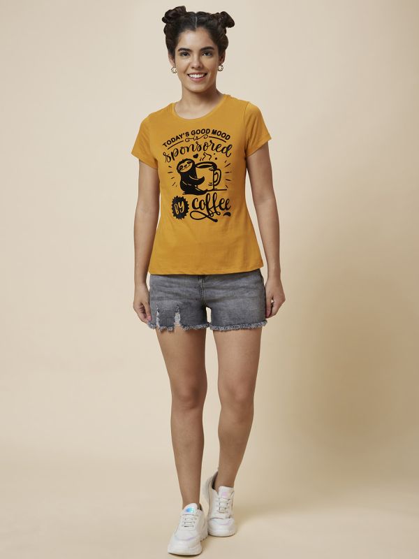 Globus Women Yellow Printed Cotton T-Shirt