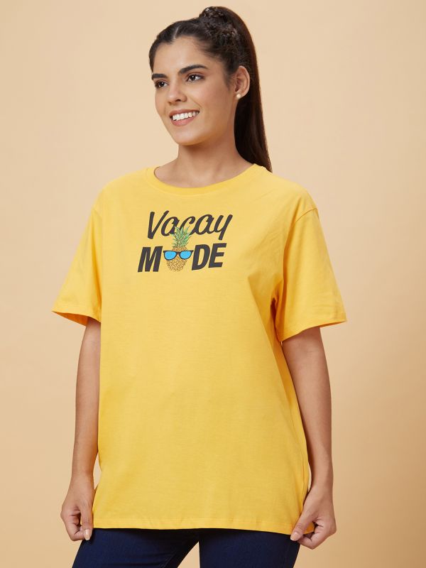 Globus Women Yellow Printed Cotton T-Shirt