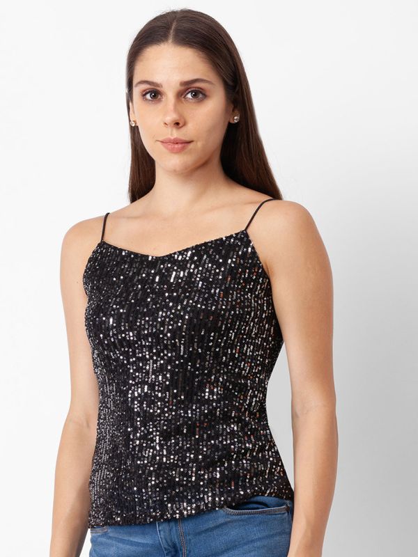 Globus Women Black Embellished Strappy Party Top