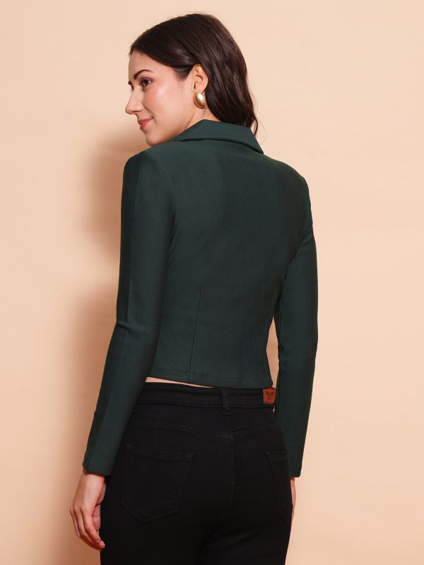 Globus Women Bottle Green Lapel Collared Long Sleeves Front Opening Crop Work Wear Blazer