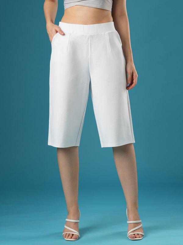 Globus Women White Mid Rise Stretchable Relaxed Fit Flat Front Slip-On Culottes