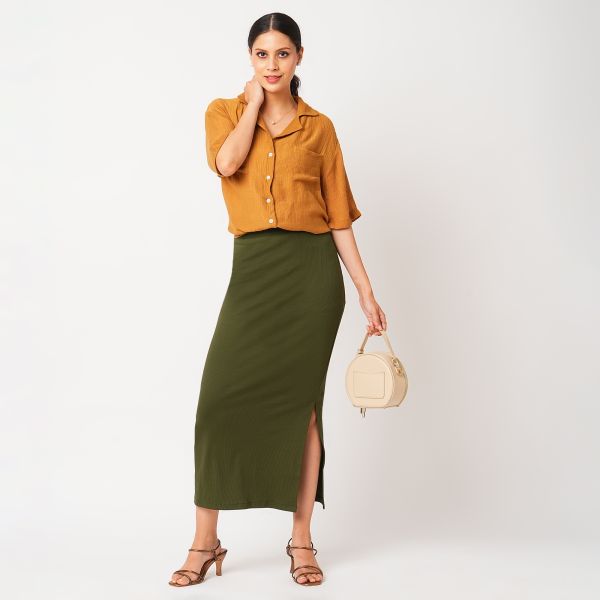 Globus Women Dark Olive High-Rise Stretchable Side Slit Workwear Maxi Pencil Skirt