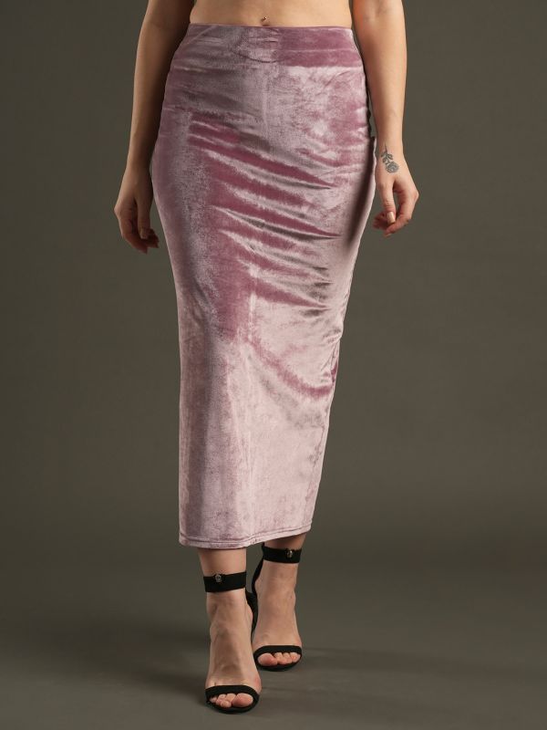 Globus Women Dusty Pink Velvet High-Rise Stretchable Midi Pencil Skirt