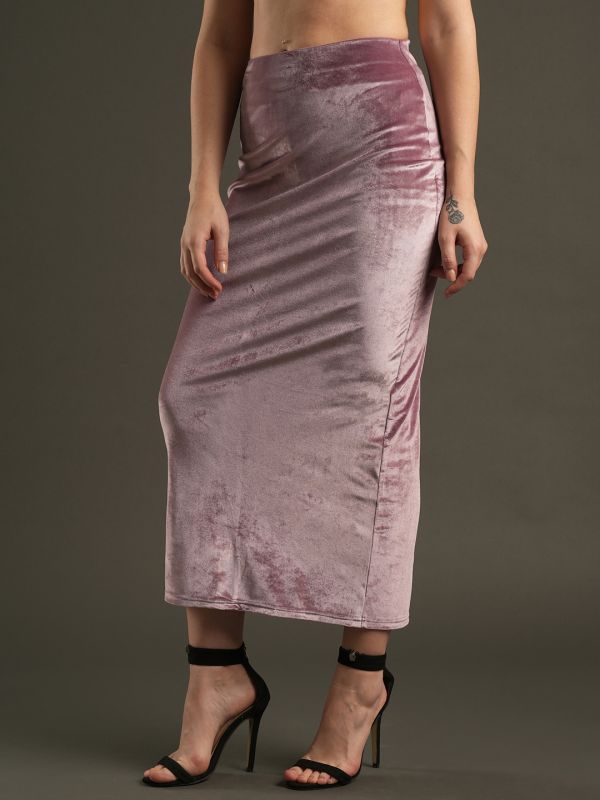 Globus Women Dusty Pink Velvet High-Rise Stretchable Midi Pencil Skirt