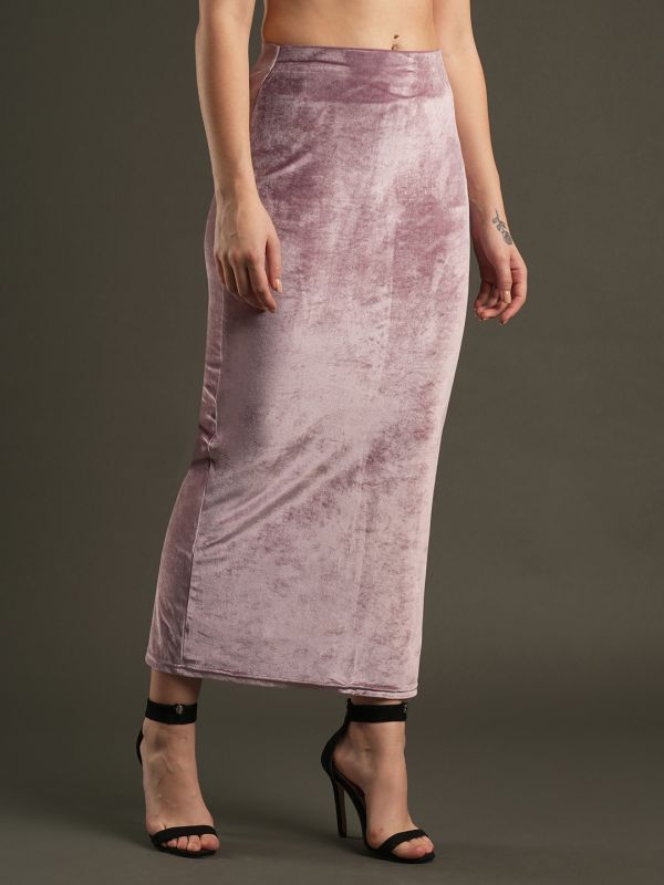 Globus Women Dusty Pink Velvet High-Rise Stretchable Midi Pencil Skirt