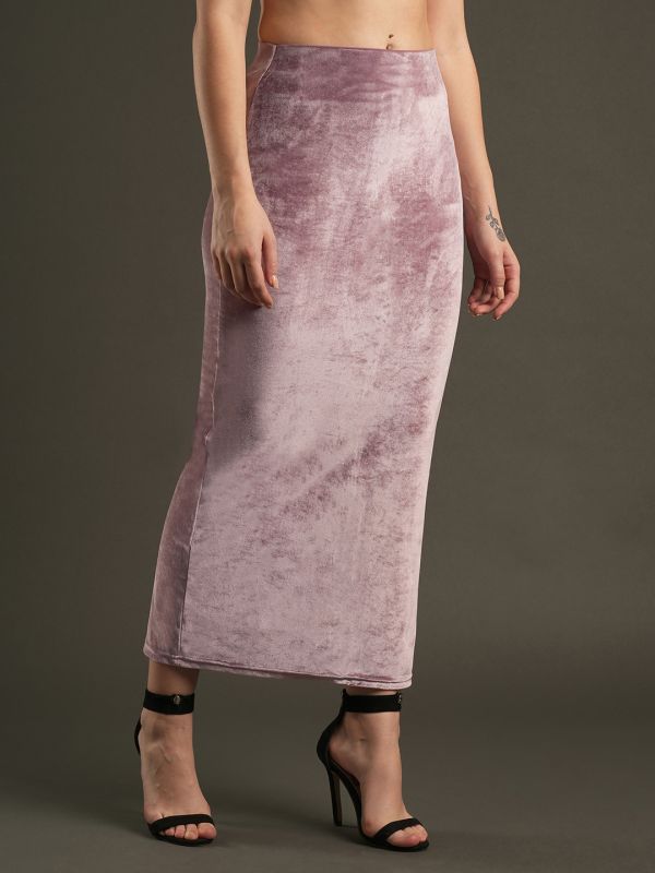 Globus Women Dusty Pink Velvet High-Rise Stretchable Midi Pencil Skirt