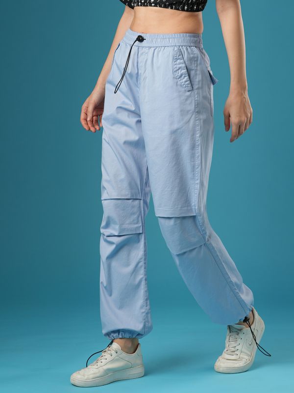 Globus Women Powder Blue Mid-Rise Relaxed Fit Drawstring Waist Toggles Hem Cargo Trousers