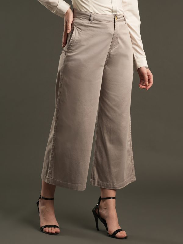 Globus Women Clay Satin Stretchable Mid-Rise Relaxed Fit Flat Front Cropped Wide Leg Formal Trousers