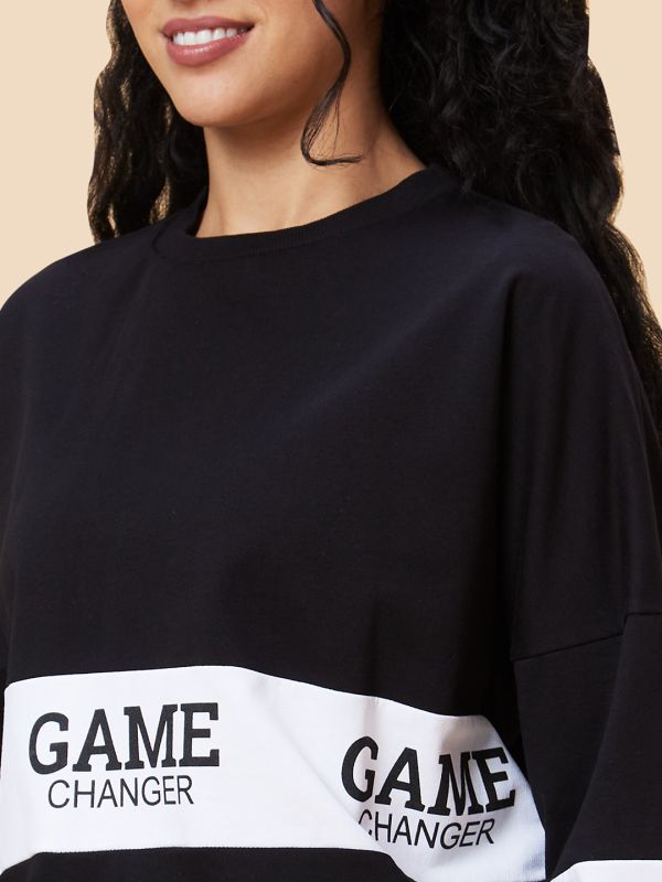 Globus Women Black Typography Printed Boxy Fit Sweatshirt & Side Striped Joggers Co-Ord Set