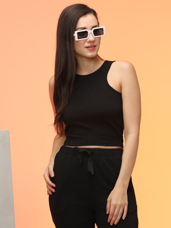 Globus Women Black Racer Back Crop Top & Trouser Co-Ord Set