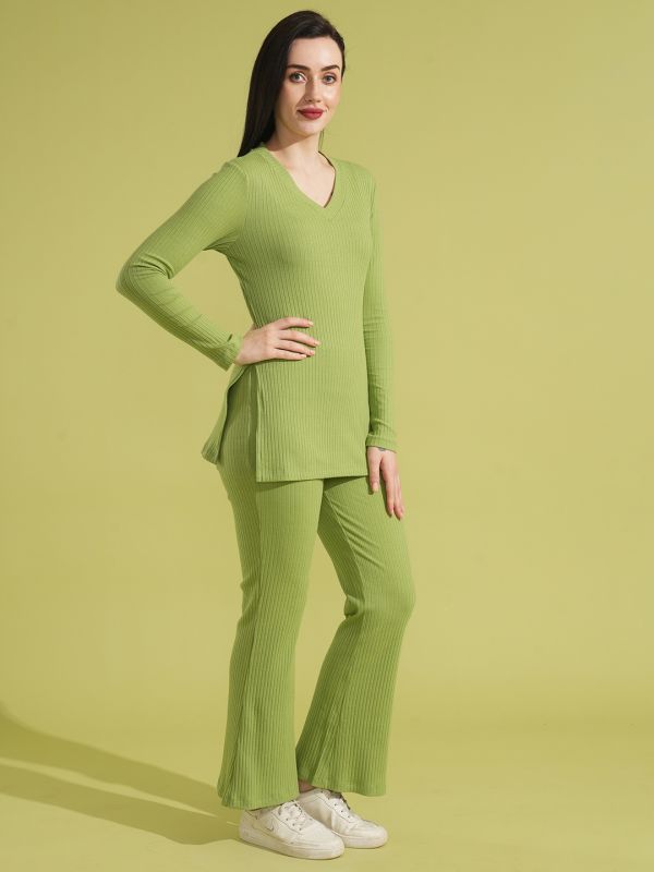 Globus Women Green V-Neck Ribbed Long Sleeves Side Slit Top & Fully Elasticated Ankle Length Trouser Co-ord Set