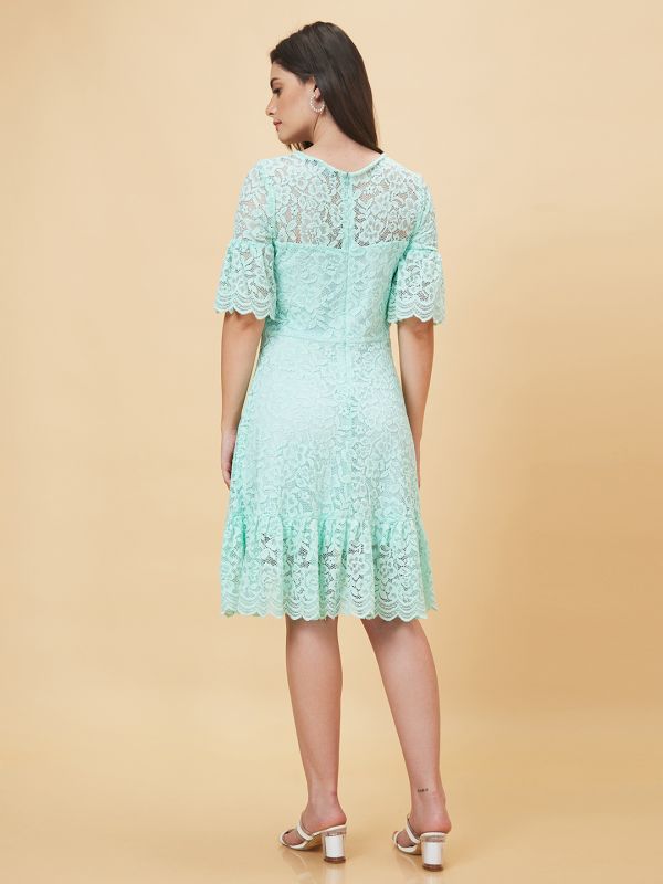 Globus Women Mint Green Floral Lace Design Flared Hem A-Line Dress