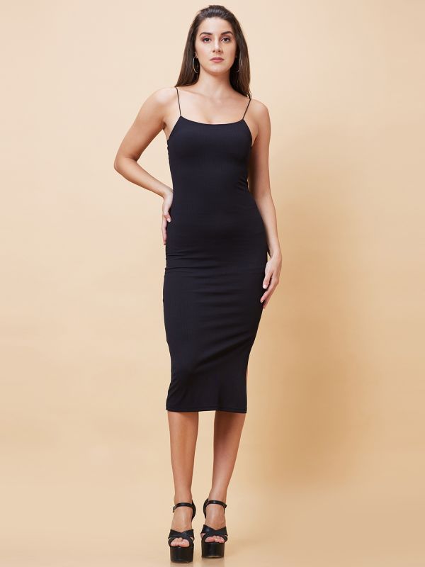 Globus Women Black Solid Strappy Casual Midi Bodycon Dress